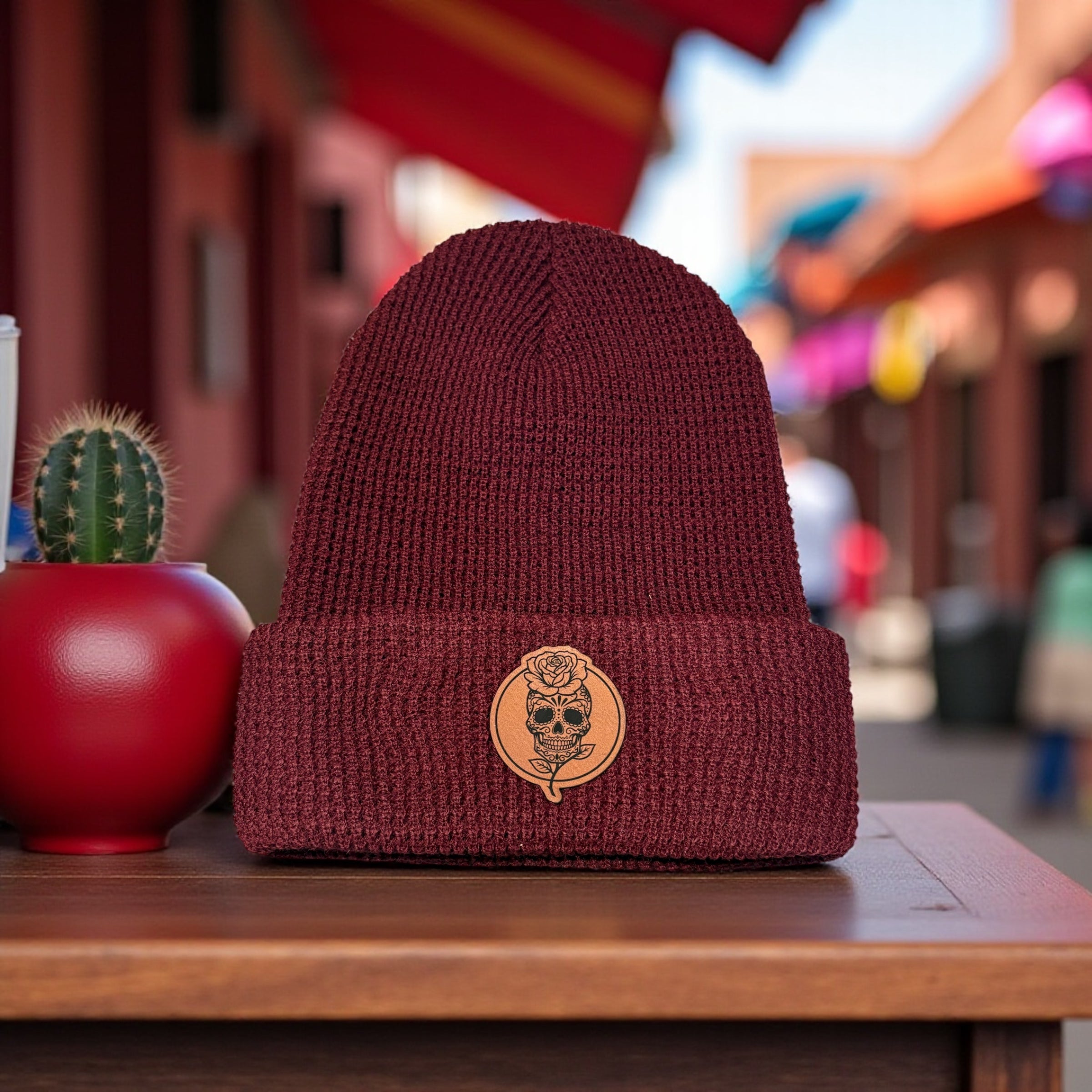 Custom Leather Patch Beanie Hat